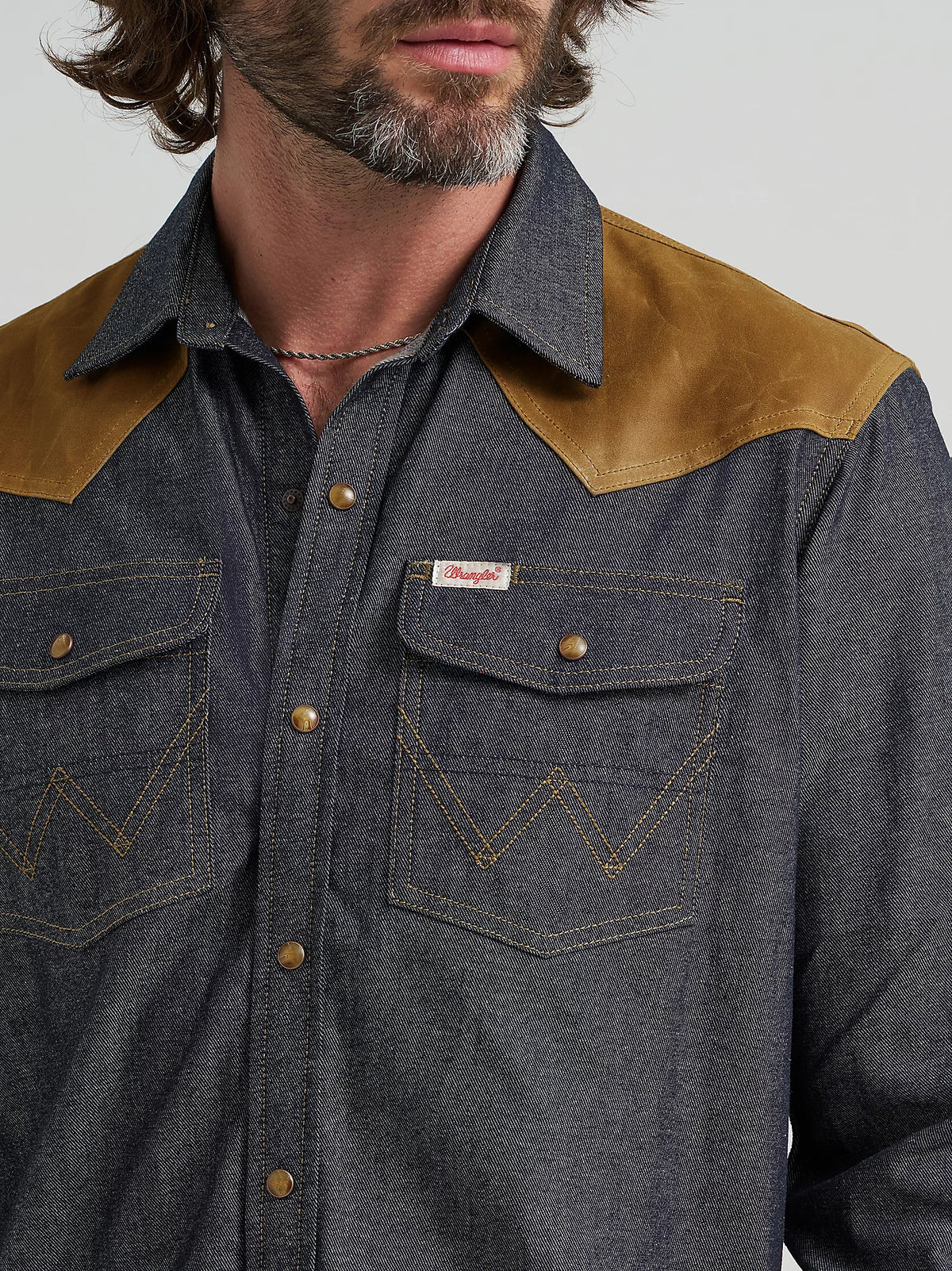 Wrangler x Filson Men's L/S Two-Tone Adventure Western Snap Shirt in Indigo and Tan