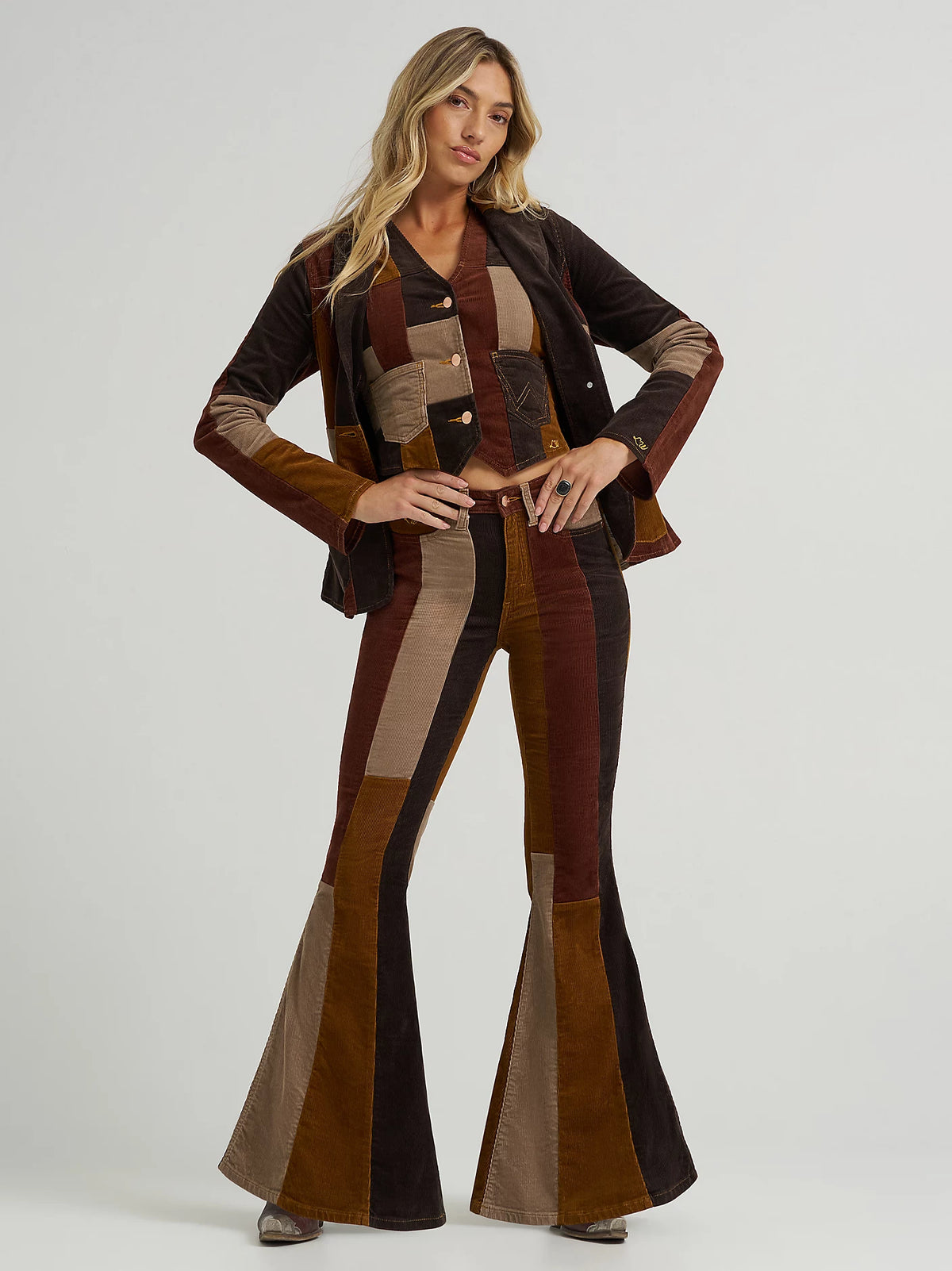 Wrangler x Lainey Wilson Patchwork Corduroy Bell Jean in Brown