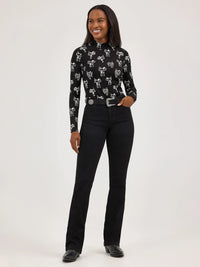 Wrangler Retro Women's L/S Saddle Print Mock Neck Shirt in Black