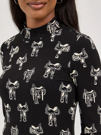 Wrangler Retro Women's L/S Saddle Print Mock Neck Shirt in Black