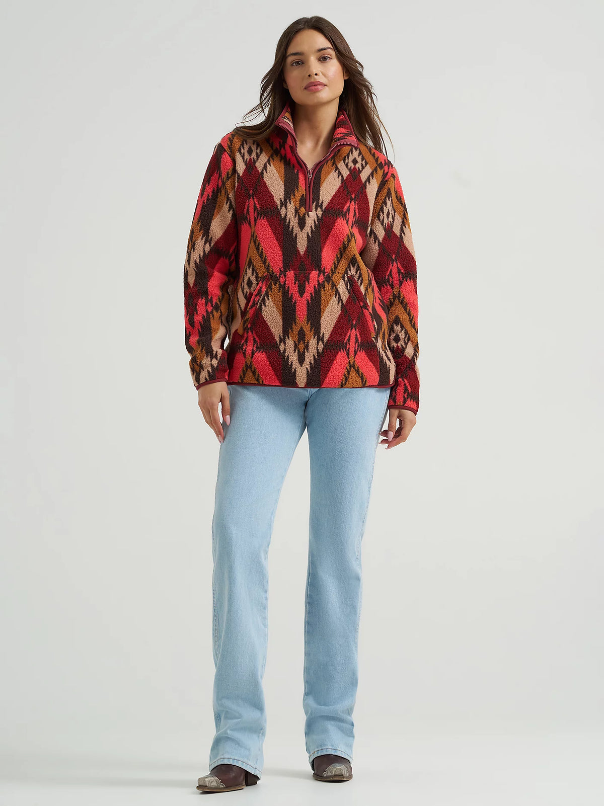 Wrangler Retro Women's Quarter Zip Sherpa Pullover in Burgundy Flame