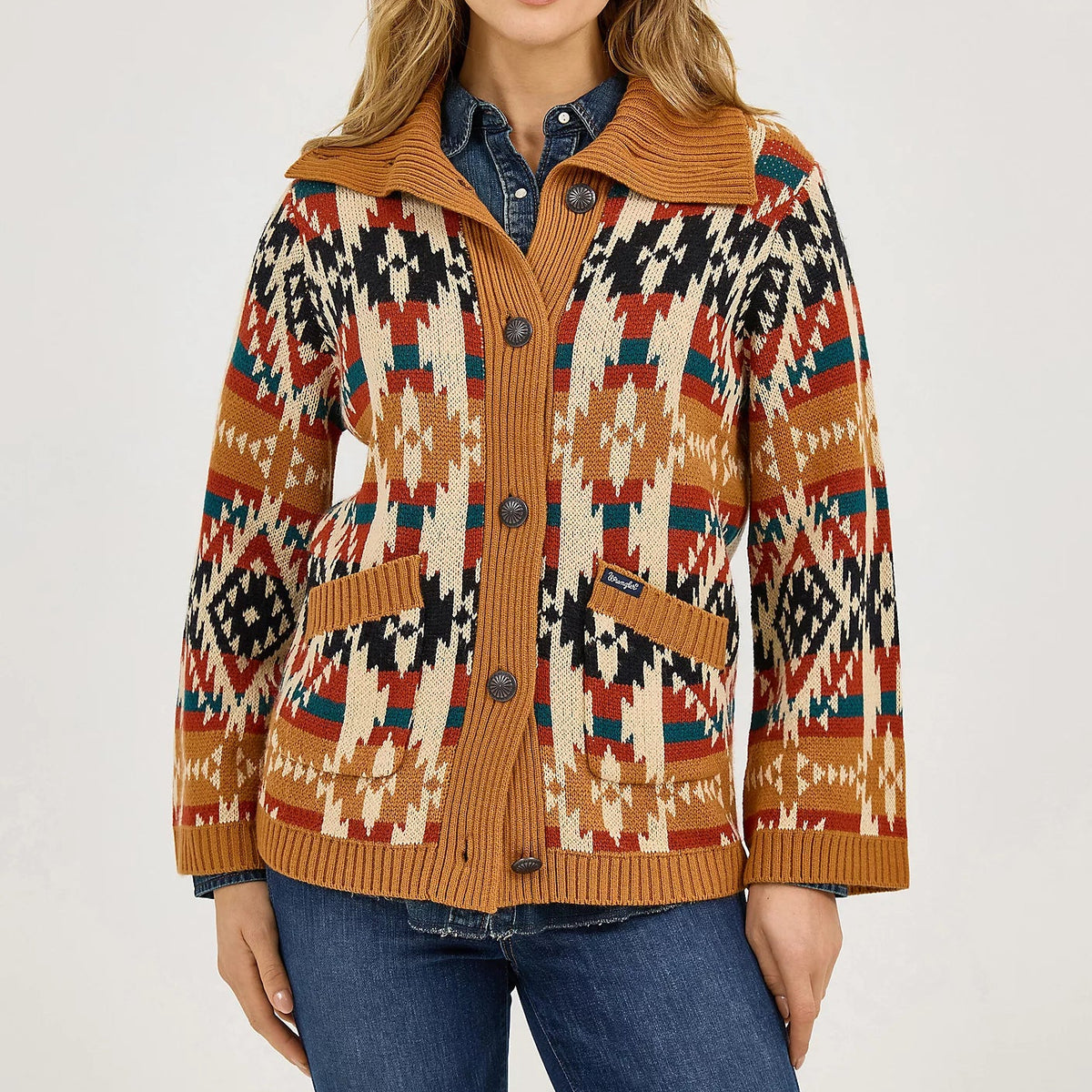 Wrangler Retro Women's Western Pattern Cardigan Sweater in Mustard
