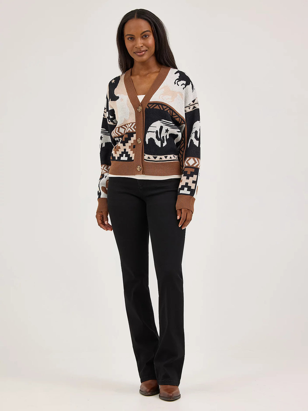 Wrangler Retro Women's Western Cropped Cardigan Sweater in Brown