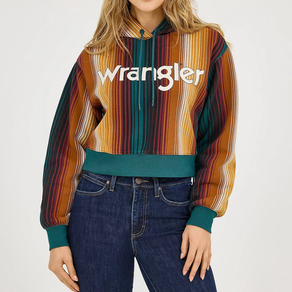 Wrangler Retro Women's Striped Serape Cropped Hoodie in Teal