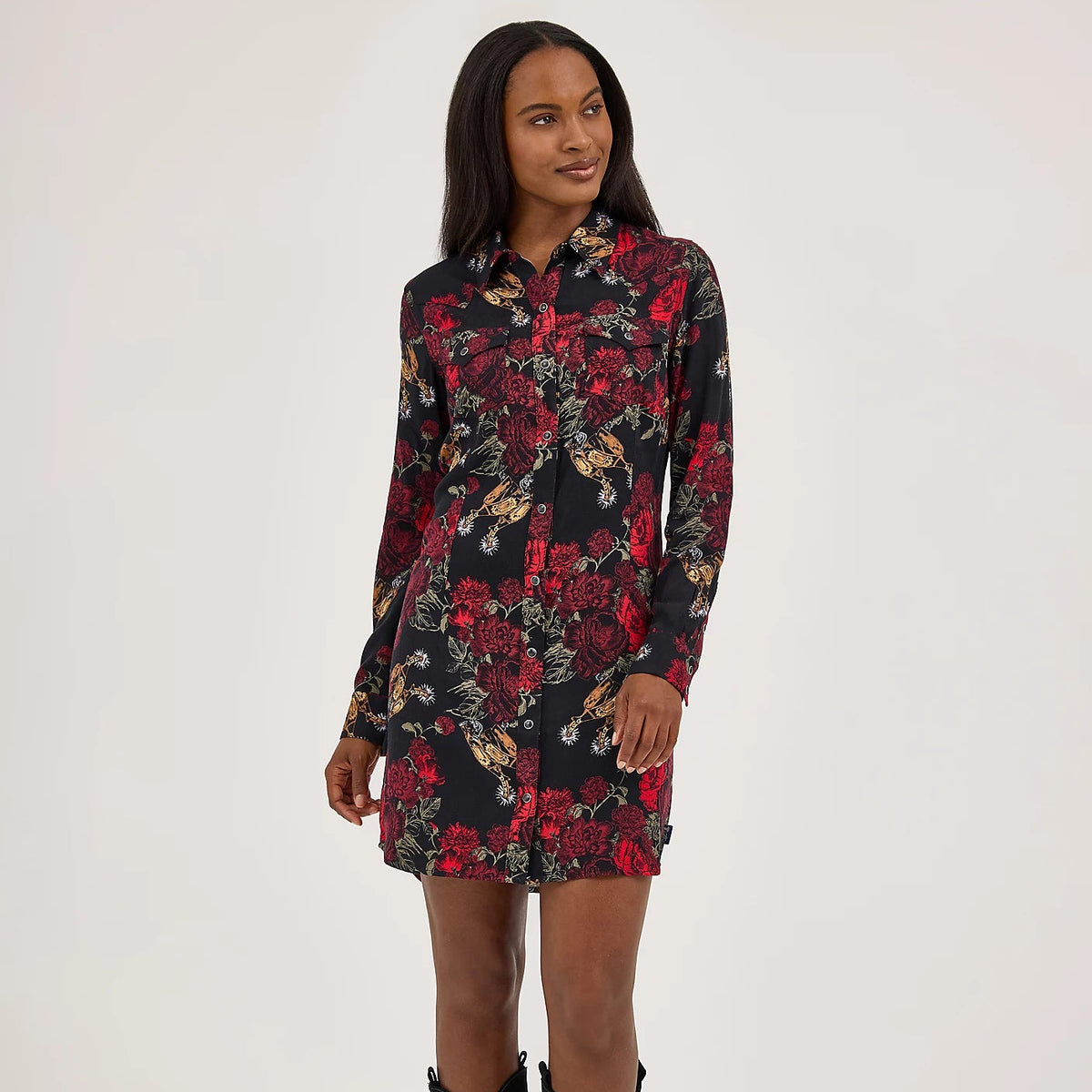 Wrangler Retro Women's L/S Floral Western Snap Mini Dress in Black