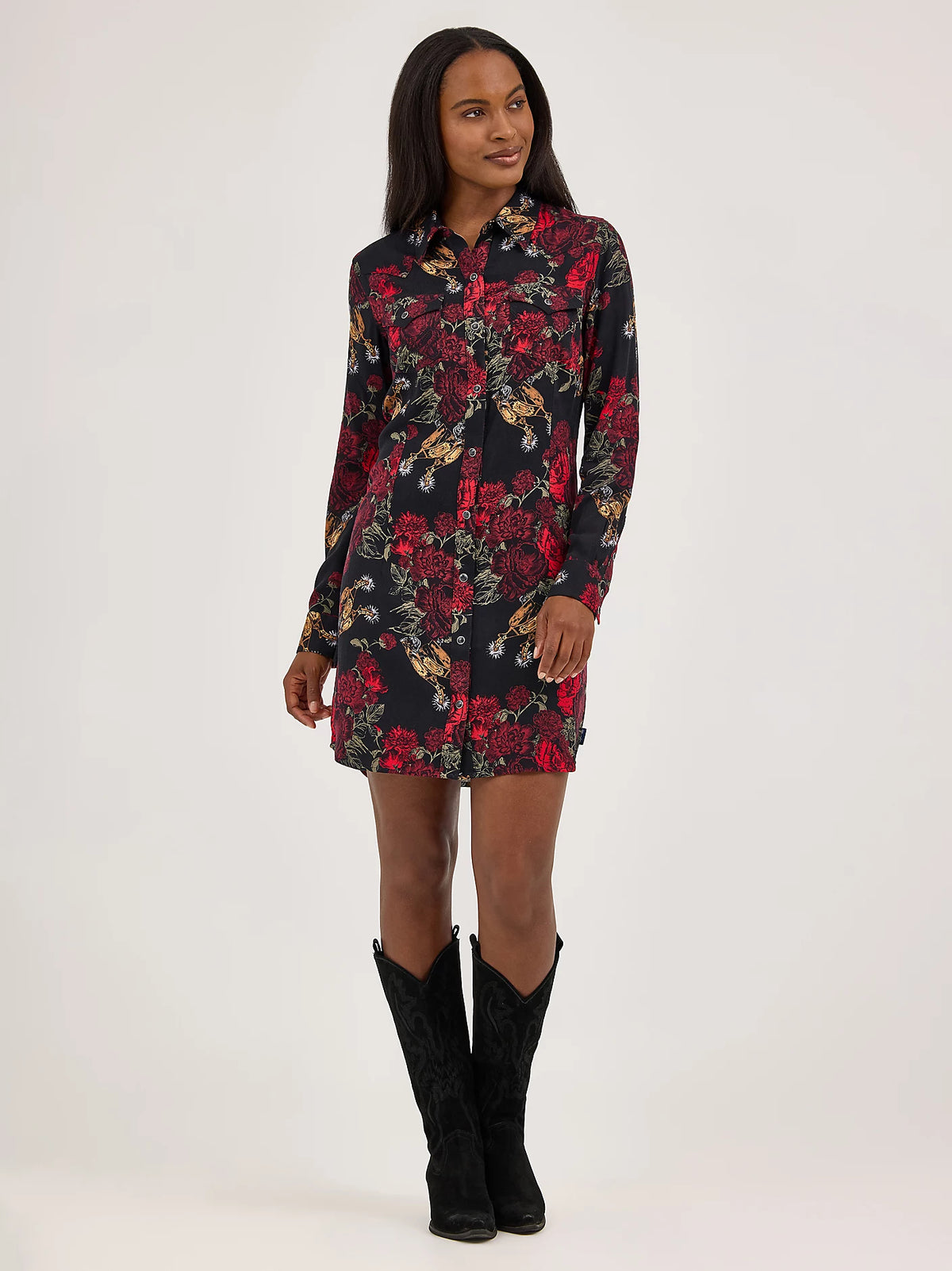 Women's Wrangler Floral Western Snap Dress-Black Women's Wrangler Floral Western Snap Dress-Black