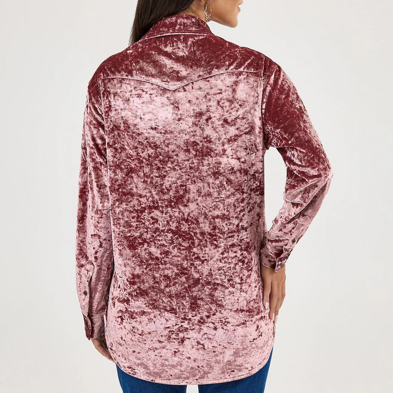 Wrangler Retro Women's L/S Boyfriend Button Down Velvet Shirt in Wine Crush