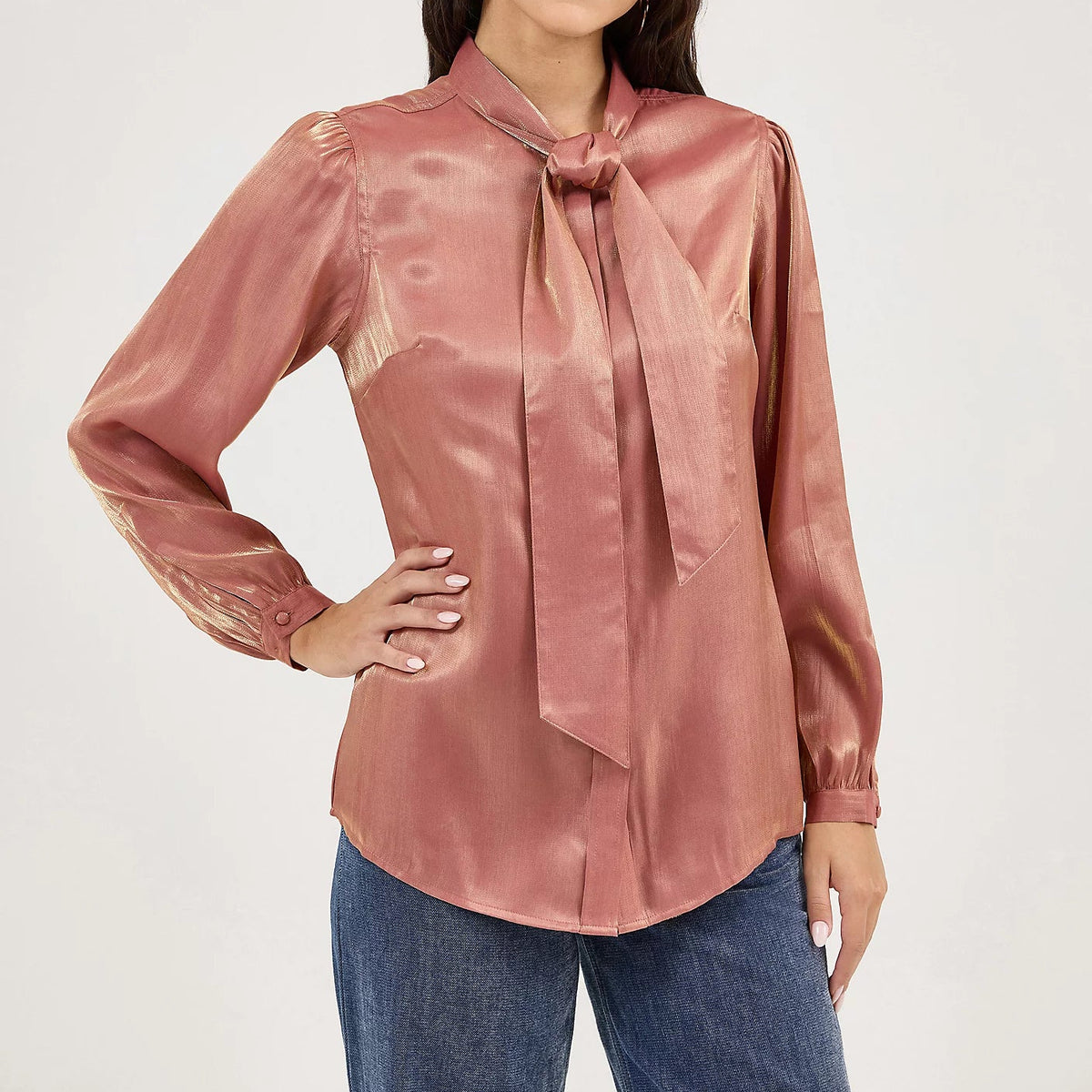 Wrangler Retro Women's L/S Shimmer Tie Neck Blouse in Rose Gold