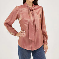 Wrangler Retro Women's L/S Shimmer Tie Neck Blouse in Rose Gold