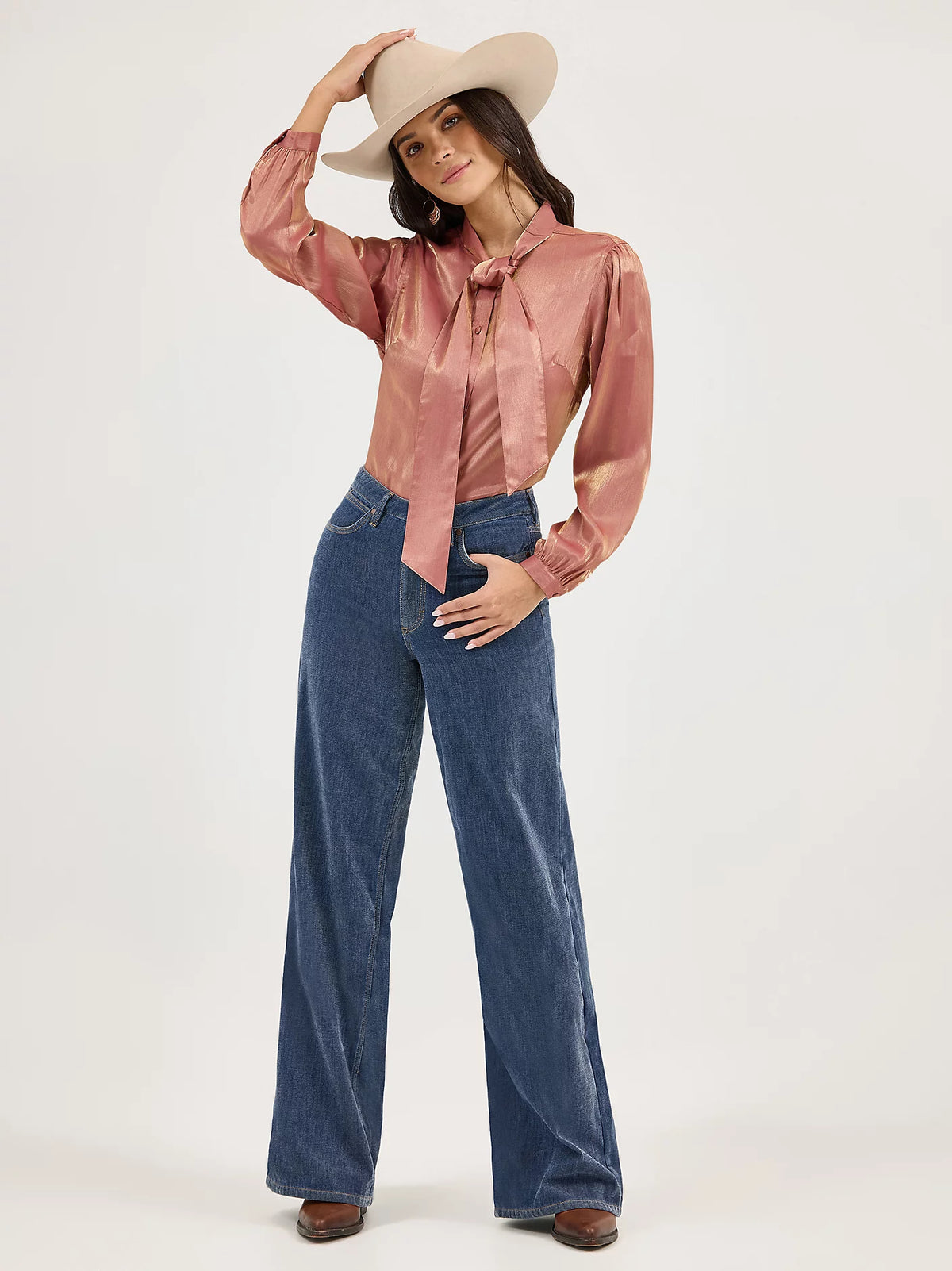 Wrangler Retro Women's L/S Shimmer Tie Neck Blouse in Rose Gold