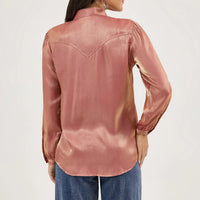 Wrangler Retro Women's L/S Shimmer Tie Neck Blouse in Rose Gold