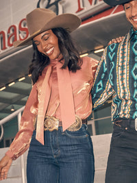 Wrangler Retro Women's L/S Shimmer Tie Neck Blouse in Rose Gold