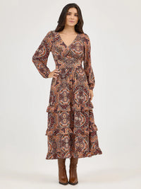 Wrangler Retro Women's L/S Ruffle Accent Maxi Dress in Brown