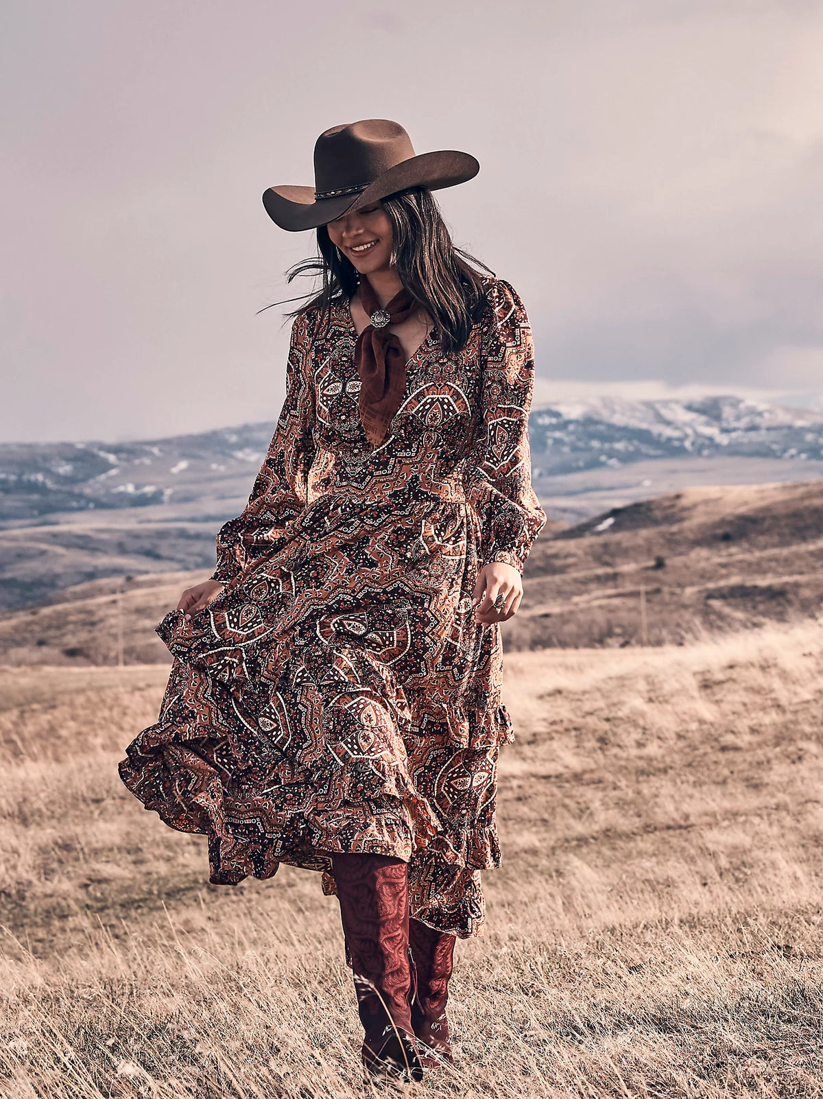 Wrangler Retro Women's L/S Ruffle Accent Maxi Dress in Brown