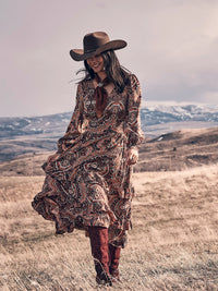 Wrangler Retro Women's L/S Ruffle Accent Maxi Dress in Brown