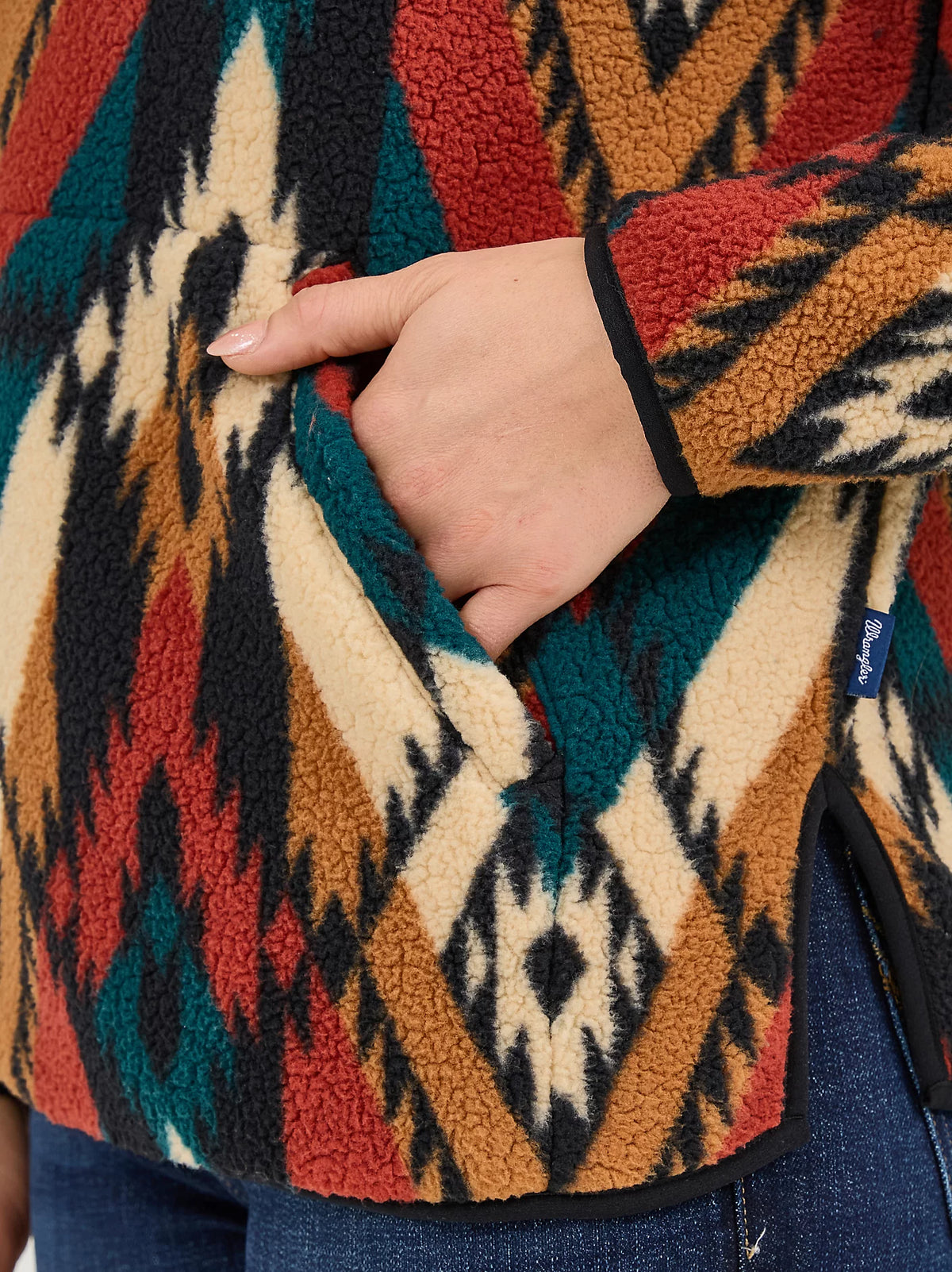 Wrangler Retro Women's Quarter Zip Sherpa Pullover in Turquoise Pattern