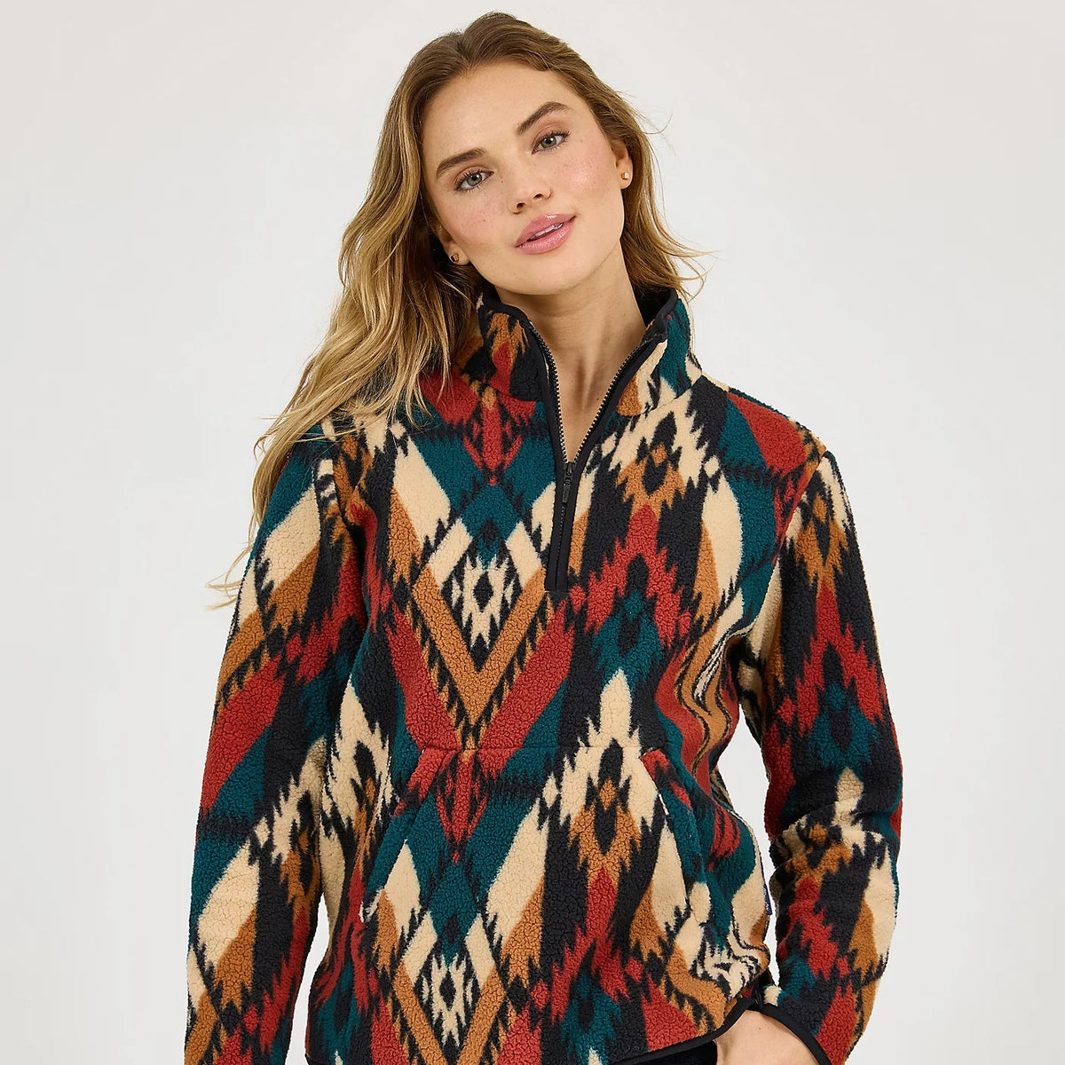 Wrangler Retro Women's Quarter Zip Sherpa Pullover in Turquoise Pattern