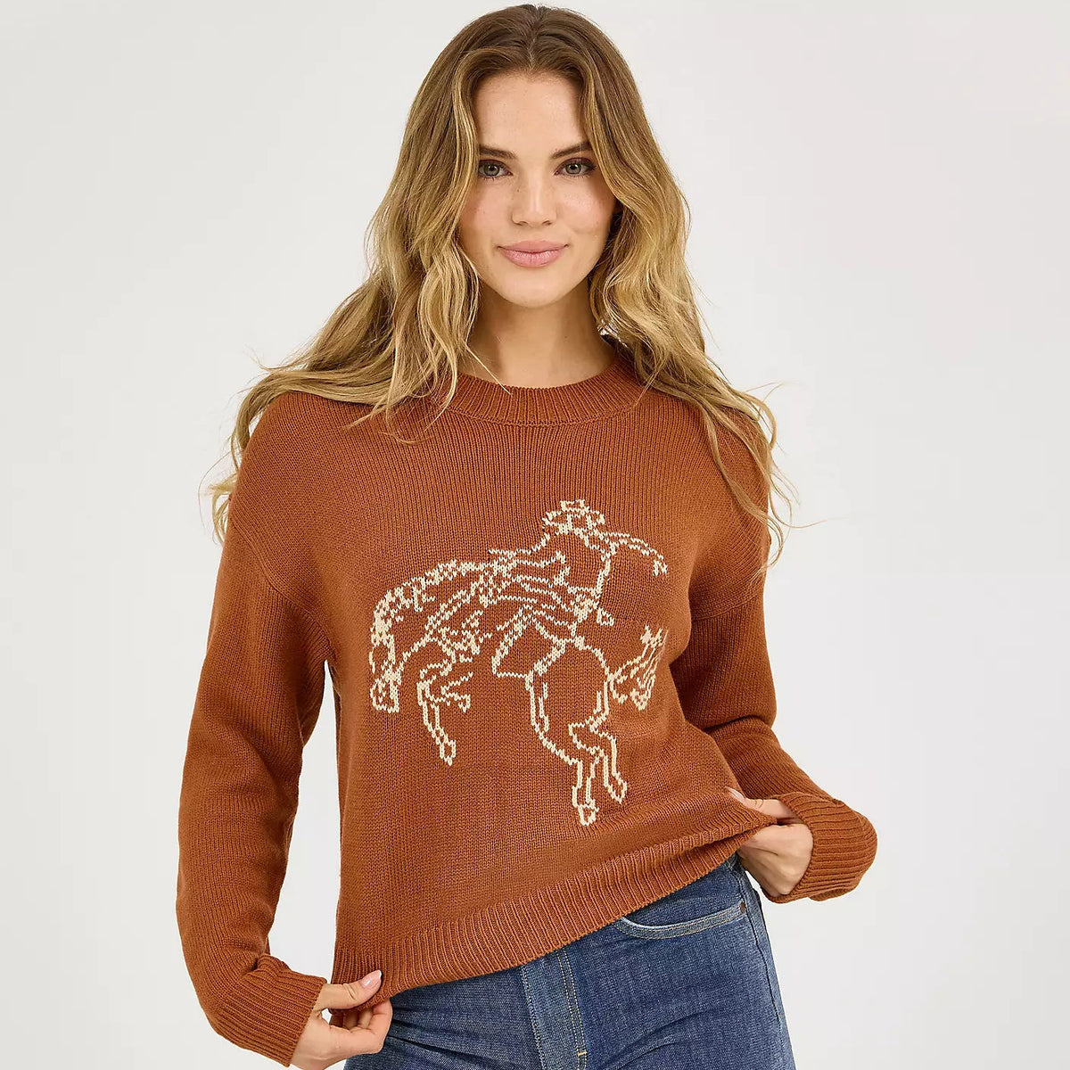 Wrangler Retro Women's Horse Intarsia Crewneck Sweater in Rust