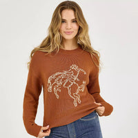 Wrangler Retro Women's Horse Intarsia Crewneck Sweater in Rust