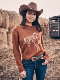 Wrangler Retro Women's Horse Intarsia Crewneck Sweater in Rust