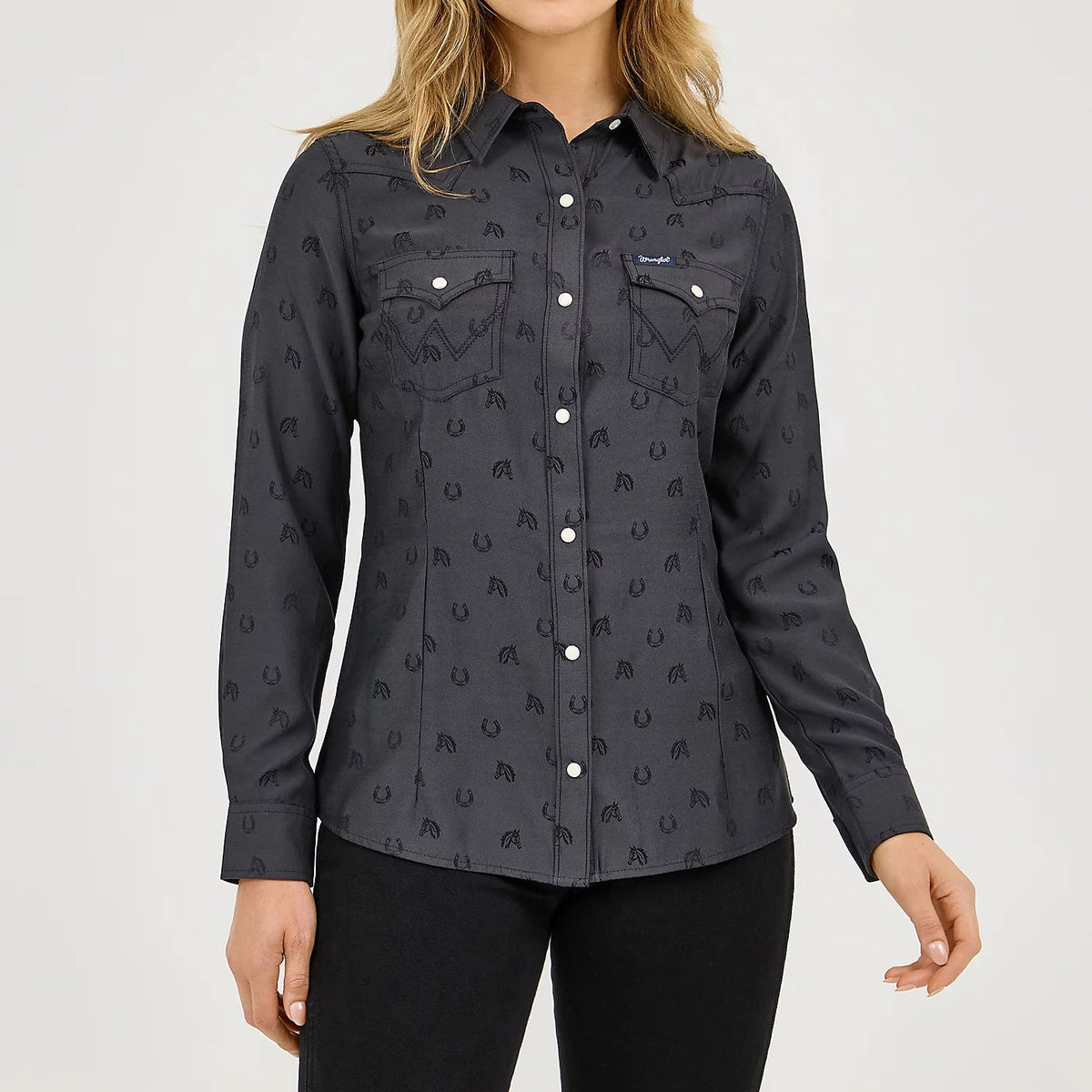 Wrangler Retro Women's L/S All Occasion Western Snap Shirt in Subtle Black Horses