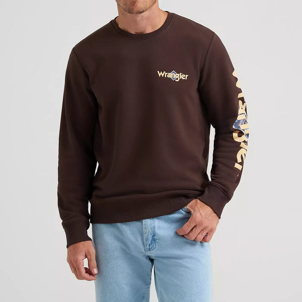 Wrangler Men's L/S Skull Steer Graphic Crew Sweatshirt in Mole Brown