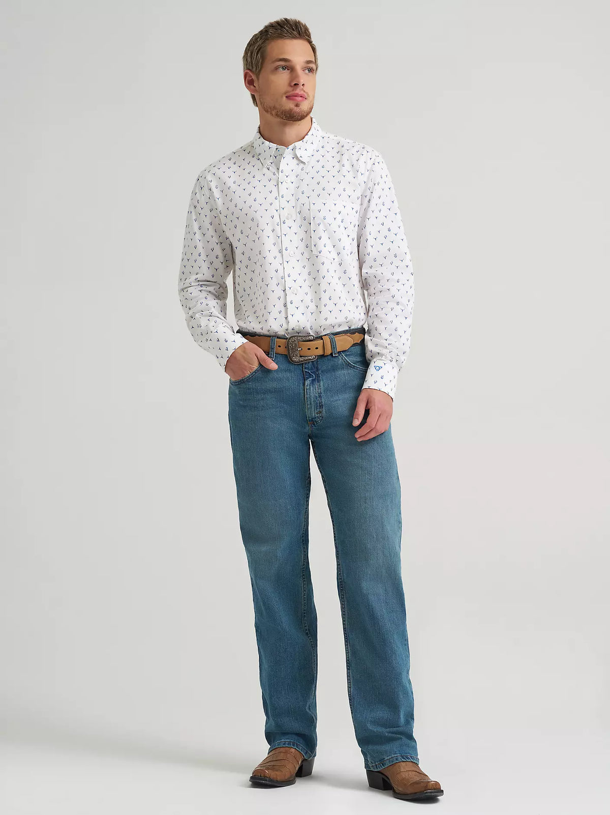 Wrangler Men's L/S Cody Johnson One Pocket Button Down Shirt in Blue Steerhead