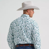 Wrangler Men's L/S George Strait Button Down Shirt in Aqua Paisley (Available in Tall & Plus Sizes)