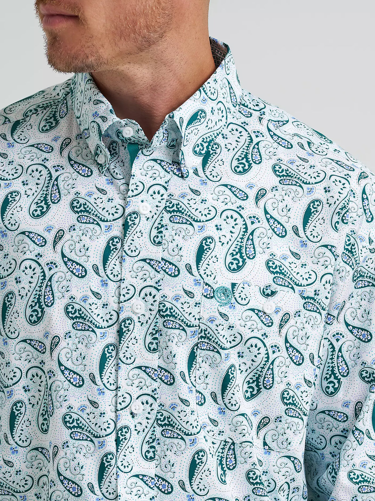Wrangler Men's L/S George Strait Button Down Shirt in Aqua Paisley (Available in Tall & Plus Sizes)