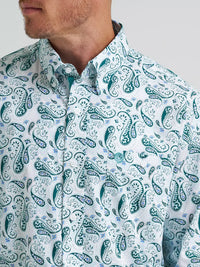 Wrangler Men's L/S George Strait Button Down Shirt in Aqua Paisley (Available in Tall & Plus Sizes)