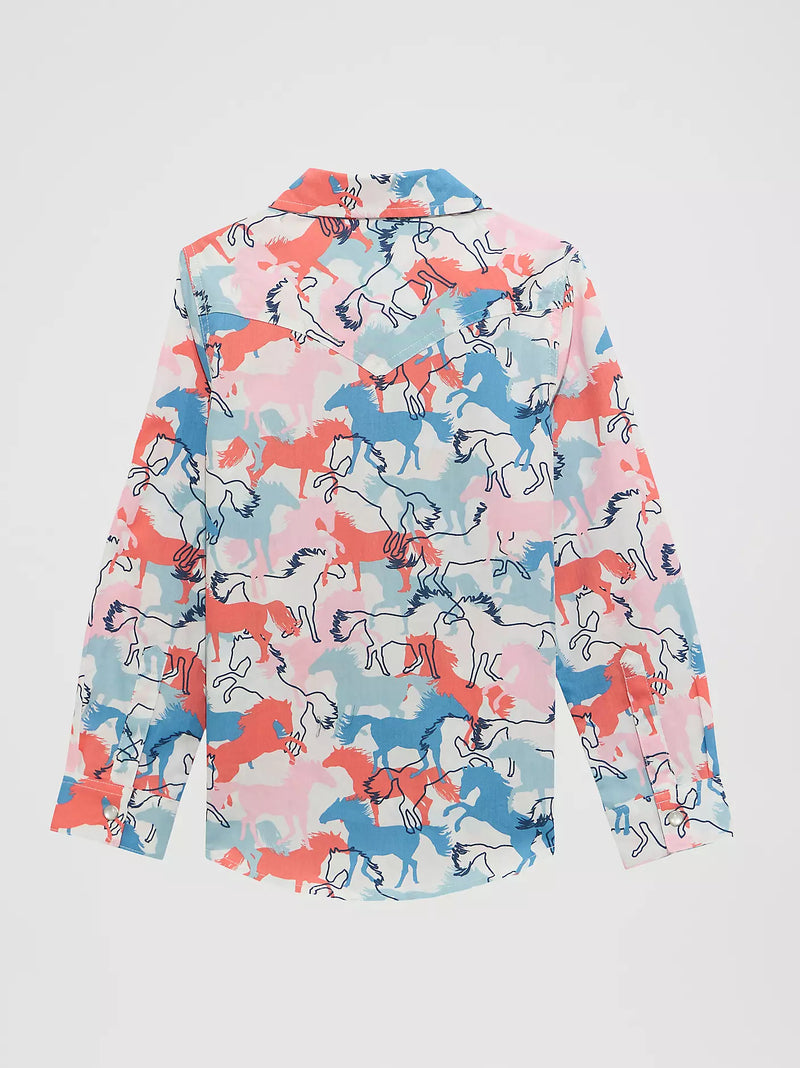 Wrangler Girl's L/S Cowboy Horse Print Western Snap Shirt in Colorful Horses