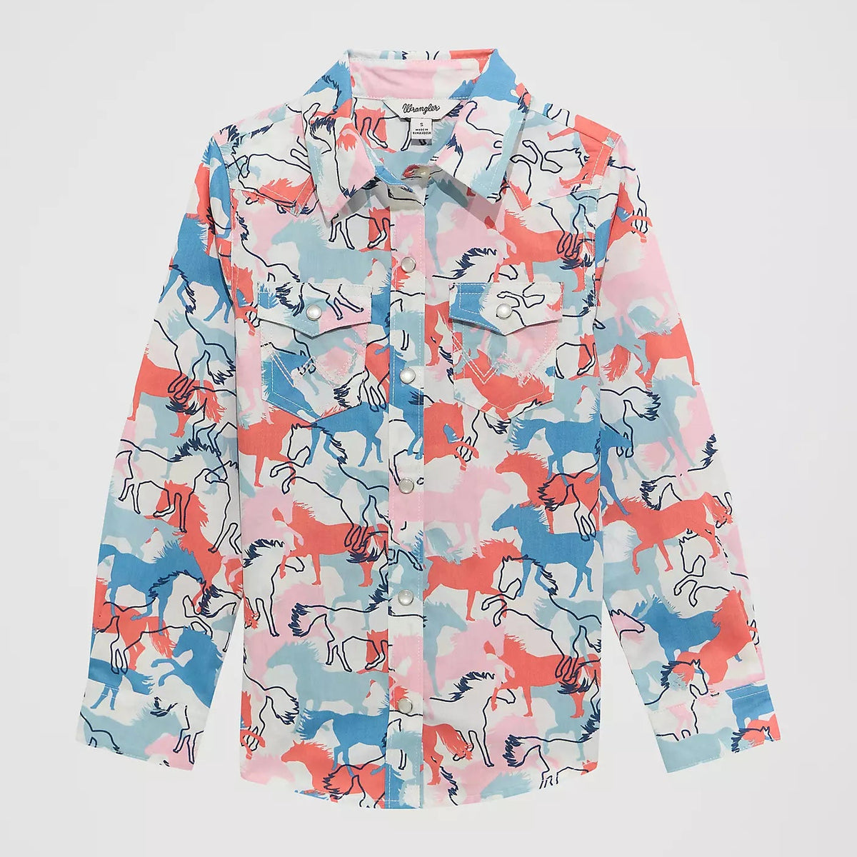 Wrangler Girl's L/S Cowboy Horse Print Western Snap Shirt in Colorful Horses