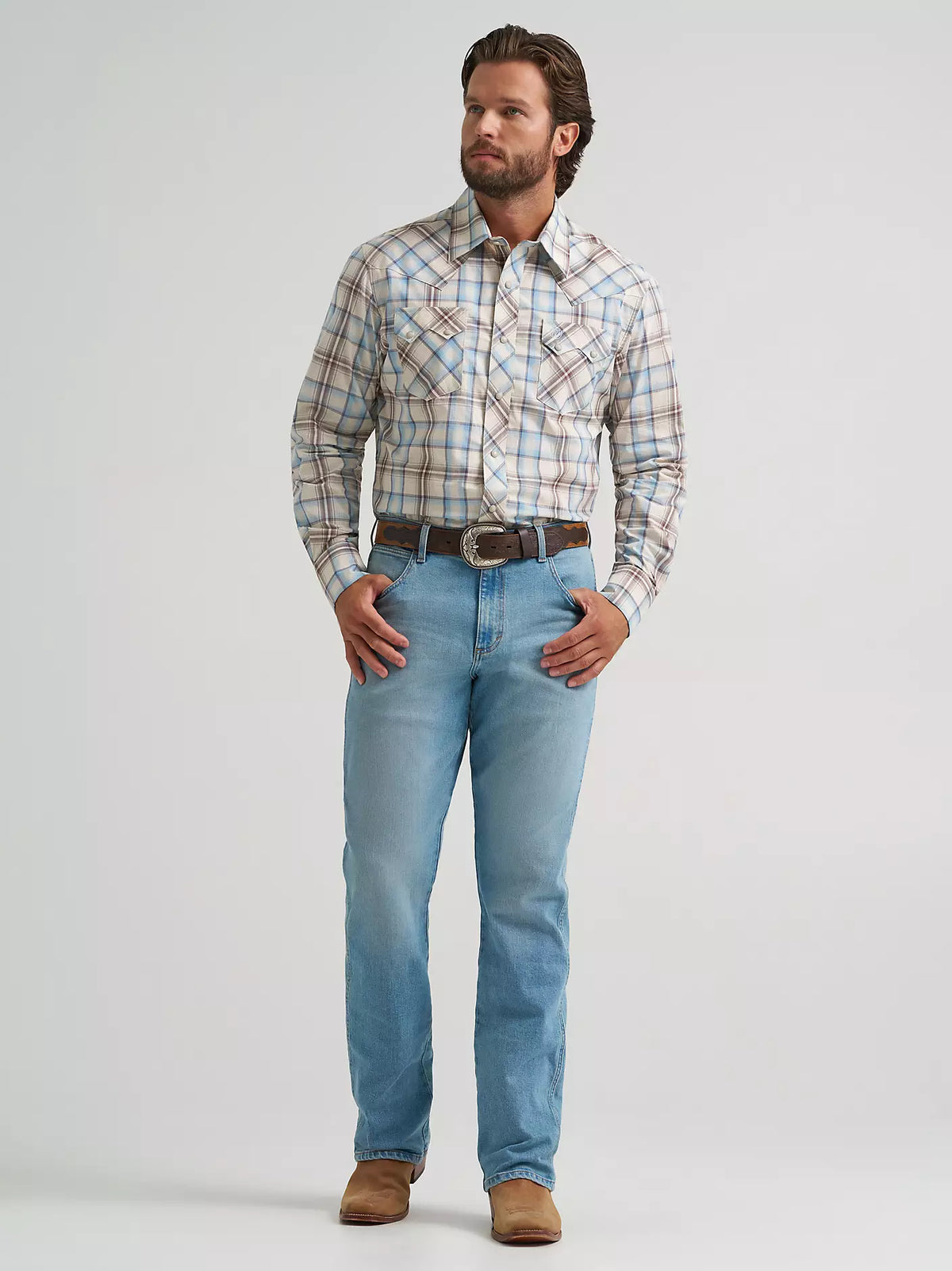 Wrangler Retro Men's L/S Sawtooth Pocket Plaid Western Snap Shirt in Historic Tan