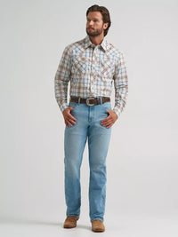 Wrangler Retro Men's L/S Sawtooth Pocket Plaid Western Snap Shirt in Historic Tan