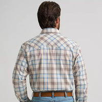 Wrangler Retro Men's L/S Sawtooth Pocket Plaid Western Snap Shirt in Historic Tan