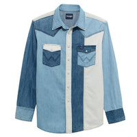 Wrangler Men's L/S Vintage Inspired Brushpopper Western Snap Work Shirt in indigo Denim Patchwork