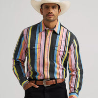 Wrangler Men's L/S Vintage Inspired Brushpopper Western Snap Work Shirt in Candy Stripe
