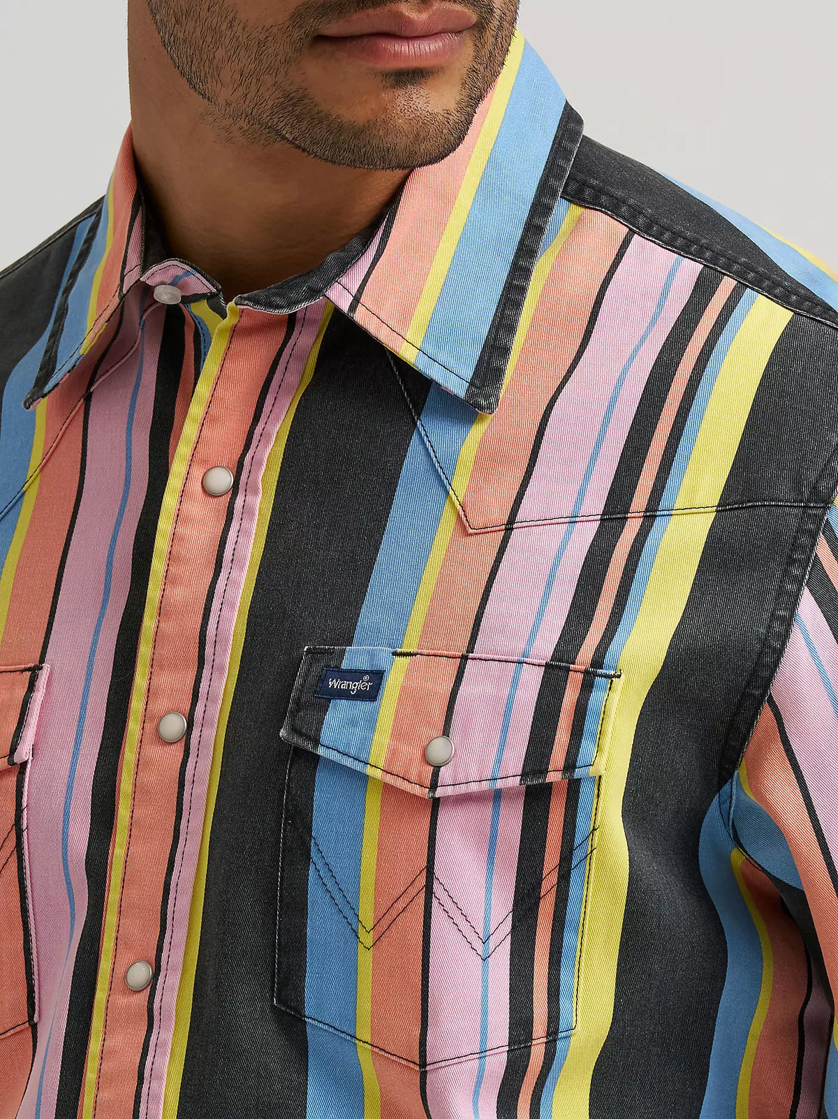 Wrangler Men's L/S Vintage Inspired Brushpopper Western Snap Work Shirt in Candy Stripe
