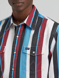 Wrangler Men's L/S Vintage Inspired Brushpopper Western Snap Work Shirt in Blue Raspberry