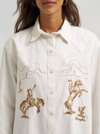 Wrangler Retro Women's Embroidered Boyfriend Denim Western Snap Shirt in Cream
