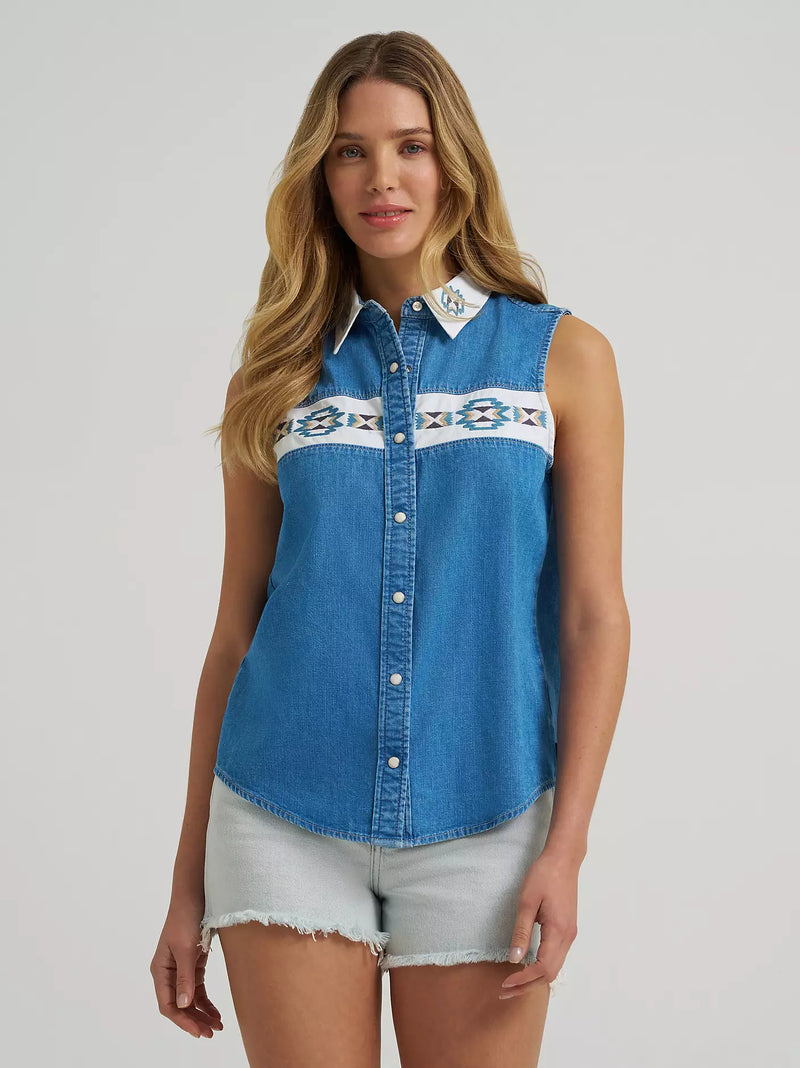 Wrangler Women's Wrangler Embellished Denim Sleeveless Snap Shirt in Mid Denim