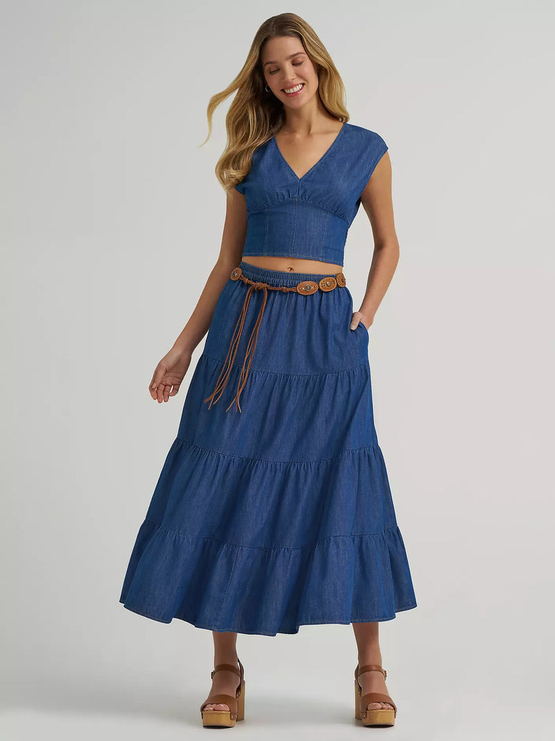 Wrangler Women's Denim Tiered Maxi Skirt in Dark Denim
