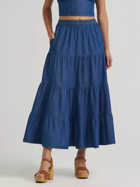 Wrangler Women's Denim Tiered Maxi Skirt in Dark Denim