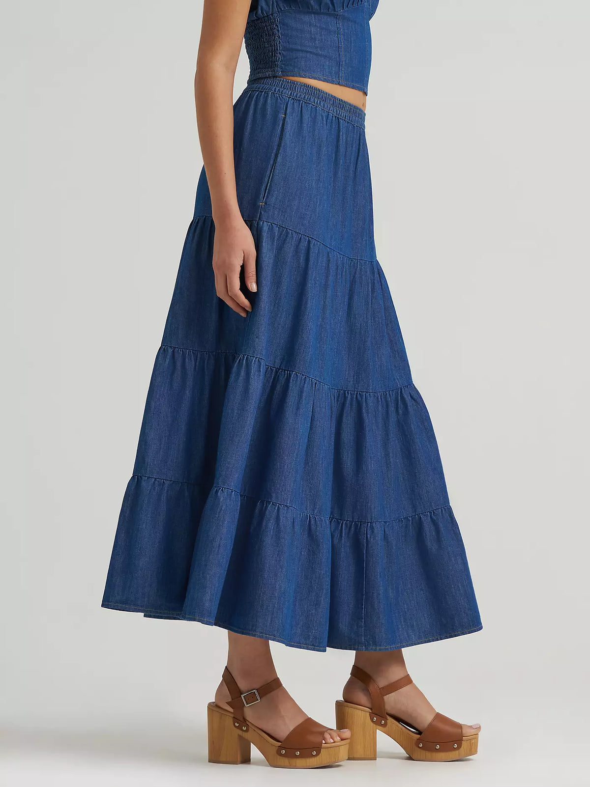Wrangler Women's Denim Tiered Maxi Skirt in Dark Denim