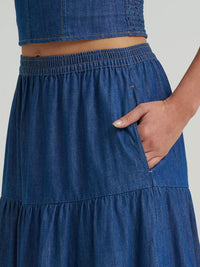 Wrangler Women's Denim Tiered Maxi Skirt in Dark Denim