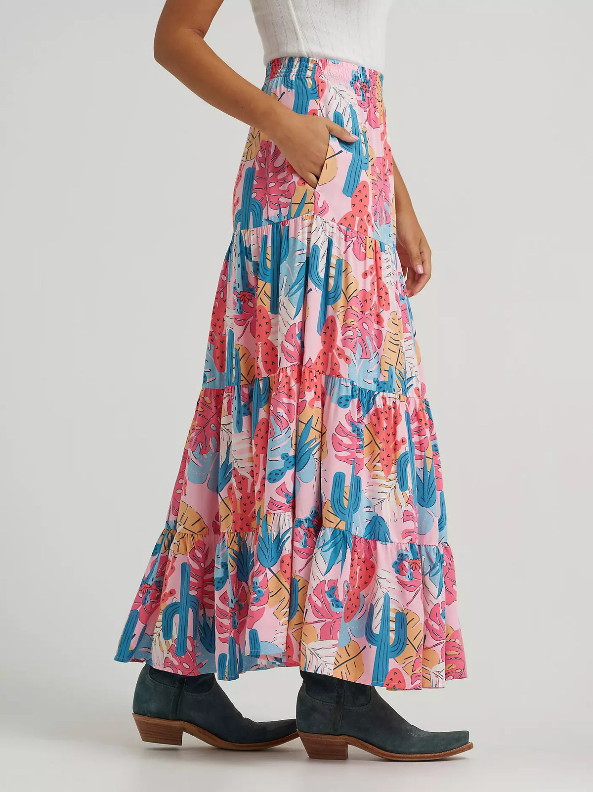 Wrangler Women's Printed Tiered Maxi Skirt in Pink