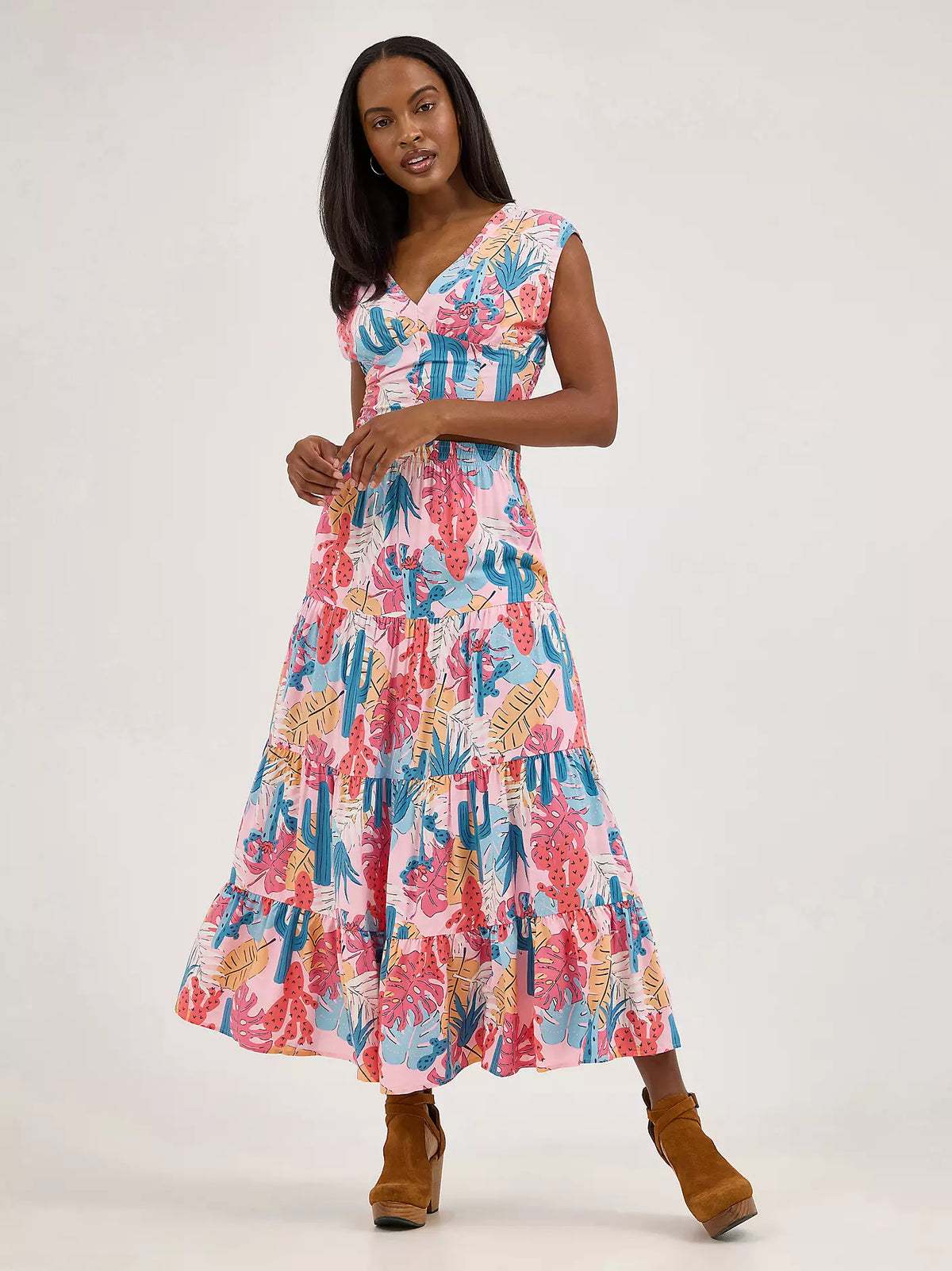 Wrangler Women's Printed Tiered Maxi Skirt in Pink