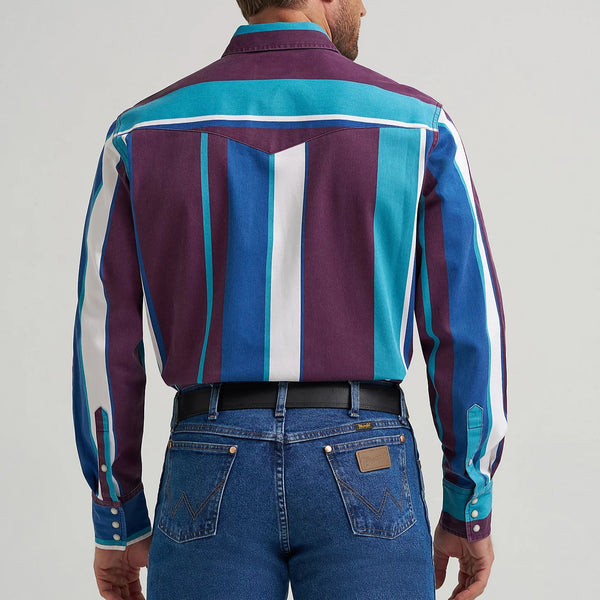 Wrangler Men's L/S Vintage Inspired Brushpopper Western Snap Work Shirt in Aubergine Teal