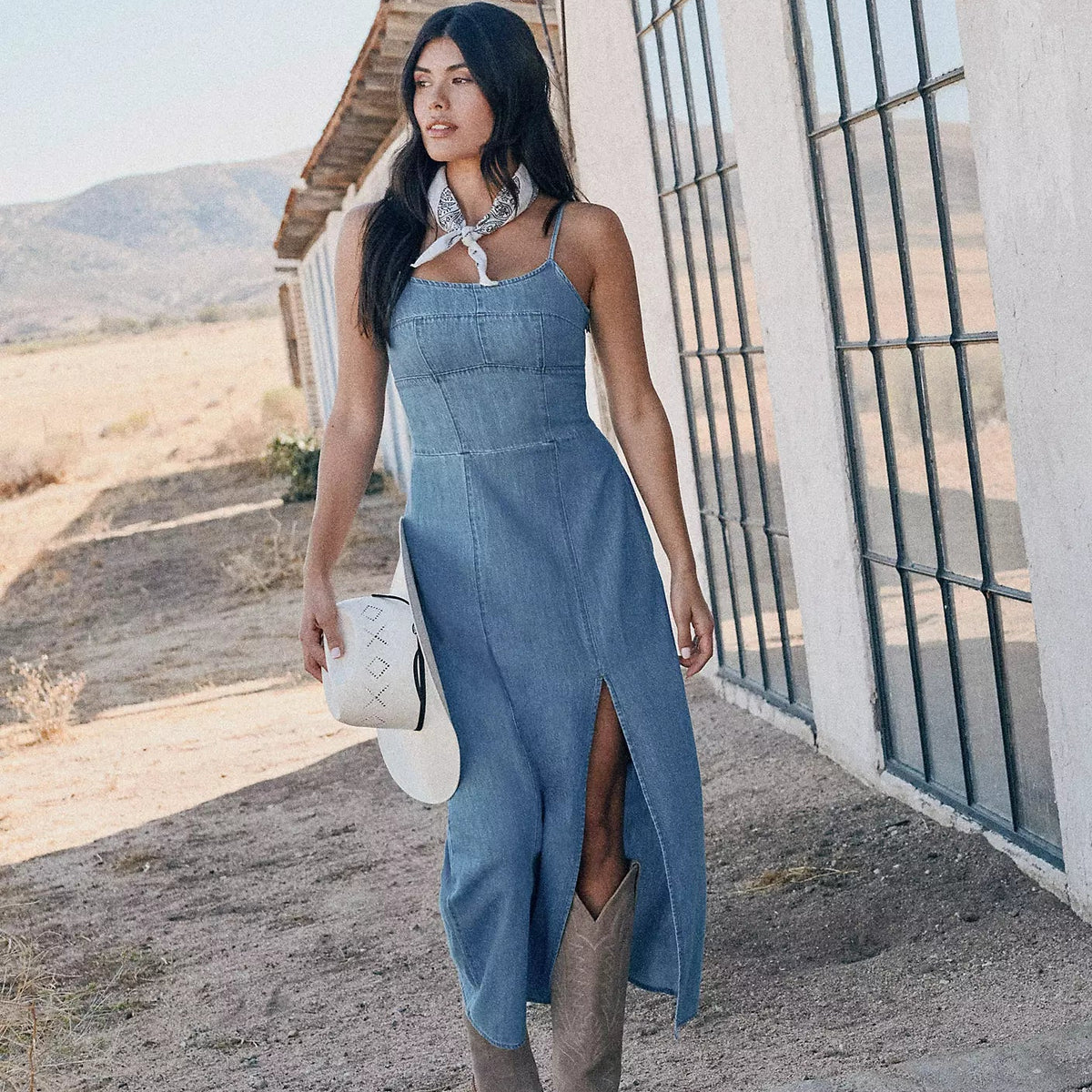 Wrangler Retro Women's Denim Slit Front Maxi Dress in Mid Denim