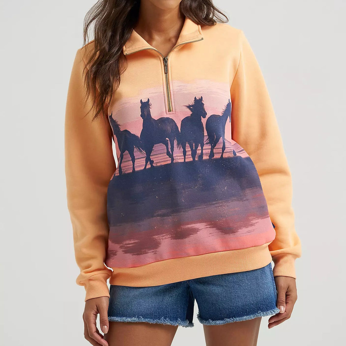 Wrangler Retro Women's Quarter Zip Sweatshirt in Orange Horses